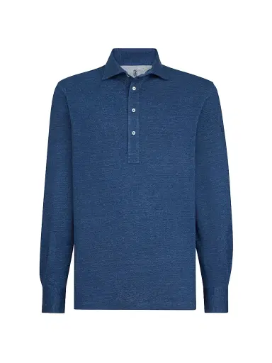 Brunello Cucinelli Men's Linen and Cotton Mélange Jersey Long Sleeve Polo Shirt - Denim | Thumbnail 1 Brunello Cucinelli Men's Linen and Cotton Mélange Jersey Long Sleeve Polo Shirt - Denim | Thumbnail 1