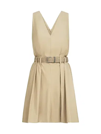 Brunello Cucinelli Women's Techno Cotton Textured Twill Belted Dress with Monili - Beige - Size XL | Thumbnail 1 Brunello Cucinelli Women's Techno Cotton Textured Twill Belted Dress with Monili - Beige - Size XL | Thumbnail 1