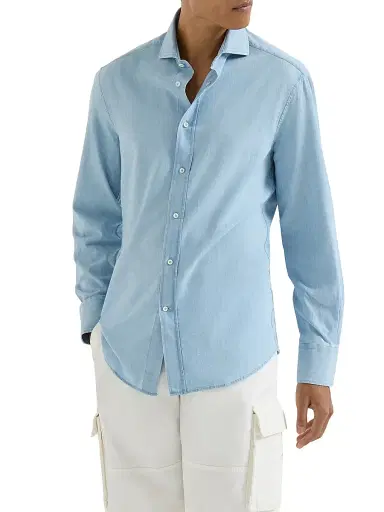 Brunello Cucinelli Men's Denim Effect Chambray Slim Fit Shirt with Spread Collar - Medium Denim | Thumbnail 2 Brunello Cucinelli Men's Denim Effect Chambray Slim Fit Shirt with Spread Collar - Medium Denim | Thumbnail 2