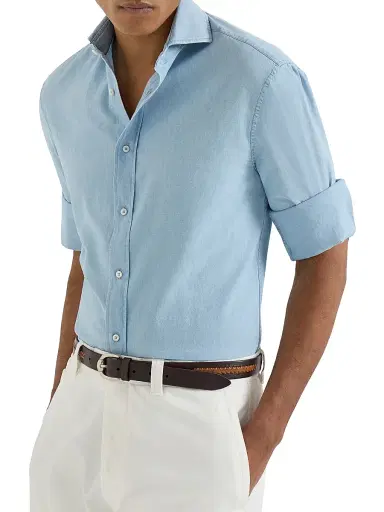 Brunello Cucinelli Men's Denim Effect Chambray Slim Fit Shirt with Spread Collar - Medium Denim | Thumbnail 4 Brunello Cucinelli Men's Denim Effect Chambray Slim Fit Shirt with Spread Collar - Medium Denim | Thumbnail 4