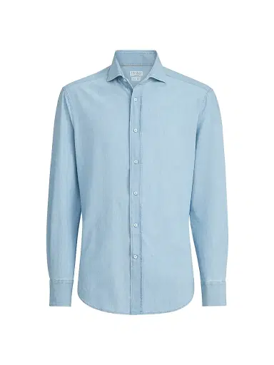 Brunello Cucinelli Men's Denim Effect Chambray Slim Fit Shirt with Spread Collar - Medium Denim | Thumbnail 1 Brunello Cucinelli Men's Denim Effect Chambray Slim Fit Shirt with Spread Collar - Medium Denim | Thumbnail 1