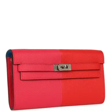 HERMÈS Hermes Kelly Wallet To Go Casaque Rouge De Coeur, Rose Extreme and Bleu Zanzibar Epsom Palladium Hardware | Thumbnail 2 HERMÈS Hermes Kelly Wallet To Go Casaque Rouge De Coeur, Rose Extreme and Bleu Zanzibar Epsom Palladium Hardware | Thumbnail 2