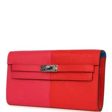 HERMÈS Hermes Kelly Wallet To Go Casaque Rouge De Coeur, Rose Extreme and Bleu Zanzibar Epsom Palladium Hardware | Thumbnail 3 HERMÈS Hermes Kelly Wallet To Go Casaque Rouge De Coeur, Rose Extreme and Bleu Zanzibar Epsom Palladium Hardware | Thumbnail 3