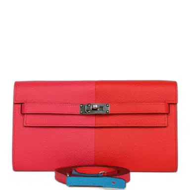 HERMÈS Hermes Kelly Wallet To Go Casaque Rouge De Coeur, Rose Extreme and Bleu Zanzibar Epsom Palladium Hardware | Thumbnail 1 HERMÈS Hermes Kelly Wallet To Go Casaque Rouge De Coeur, Rose Extreme and Bleu Zanzibar Epsom Palladium Hardware | Thumbnail 1
