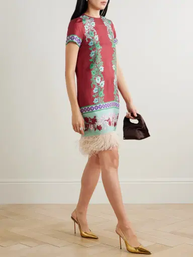 La DoubleJ Swing Feather-trimmed Printed Silk-twill Mini Dress | Thumbnail 2 La DoubleJ Swing Feather-trimmed Printed Silk-twill Mini Dress | Thumbnail 2
