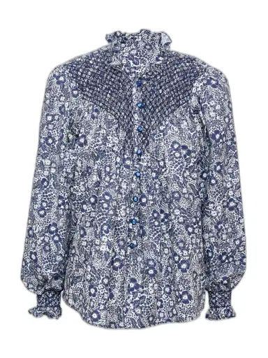 Loretta Caponi Milvia Smocked Cotton Blouse | Thumbnail 1 Loretta Caponi Milvia Smocked Cotton Blouse | Thumbnail 1