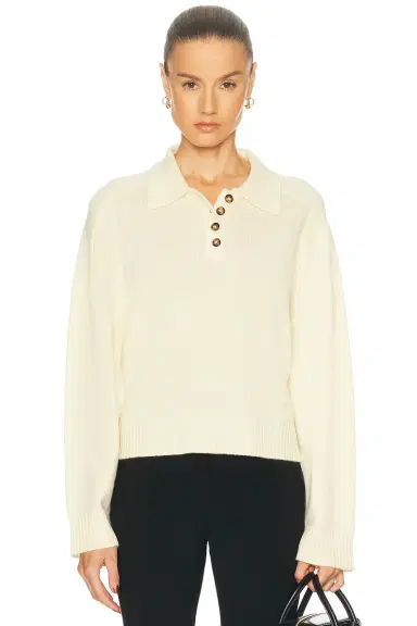 Loulou de Saison Homere Saddle Sleeve Polo Sweater | Thumbnail 1 Loulou de Saison Homere Saddle Sleeve Polo Sweater | Thumbnail 1