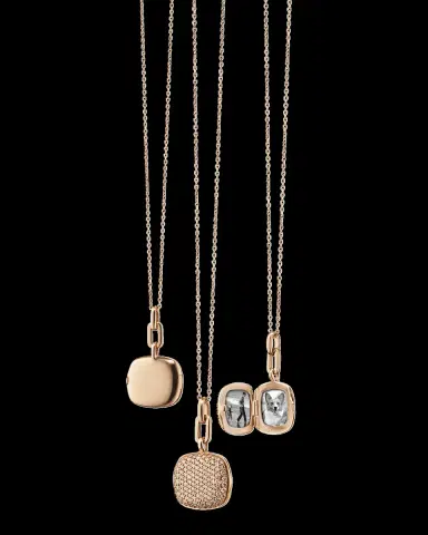 Monica Rich Kosann 18K Rose Gold Slim Cushion "Rae" Locket with Pavé Cognac Diamonds on Diamond-Cut Disappearing Chain | Thumbnail 2 Monica Rich Kosann 18K Rose Gold Slim Cushion "Rae" Locket with Pavé Cognac Diamonds on Diamond-Cut Disappearing Chain | Thumbnail 2