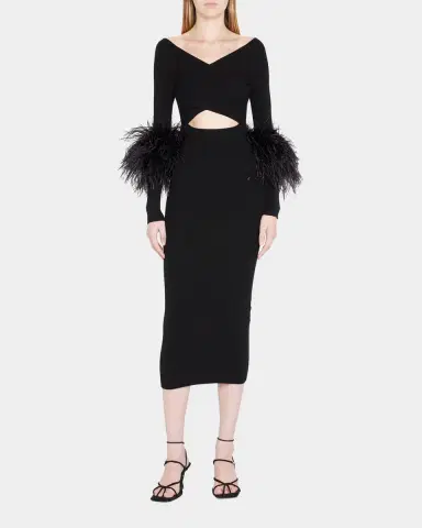 LAPOINTE Criss-Cross Cutout Midi Dress w/ Feather Trim | Thumbnail 3 LAPOINTE Criss-Cross Cutout Midi Dress w/ Feather Trim | Thumbnail 3