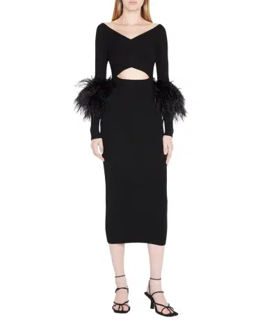 LAPOINTE Criss-Cross Cutout Midi Dress w/ Feather Trim | Thumbnail 1 LAPOINTE Criss-Cross Cutout Midi Dress w/ Feather Trim | Thumbnail 1