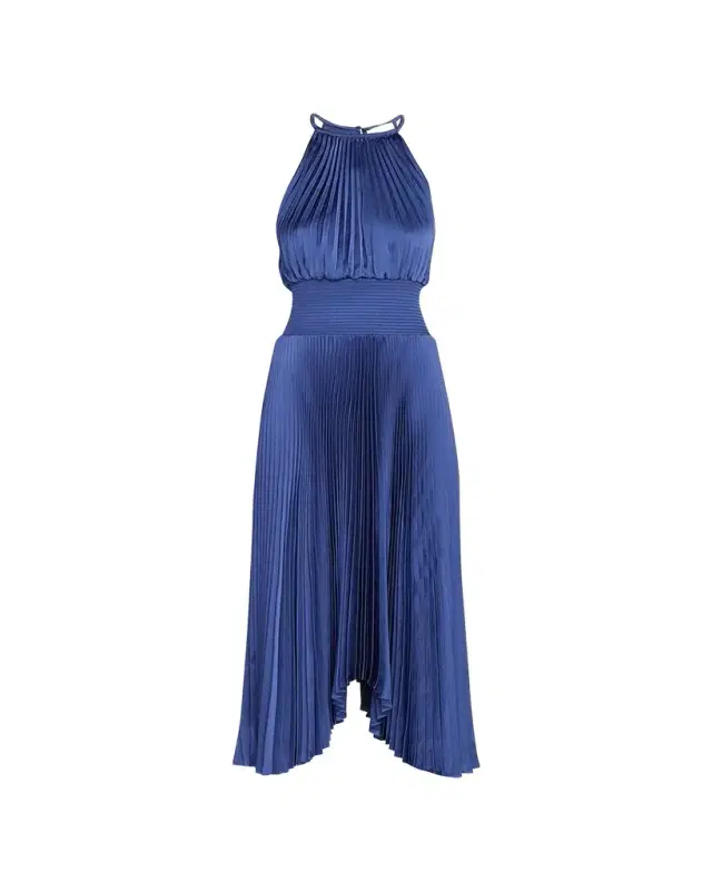 Renzo II Satin Pleated High-Neck Midi Dress Renzo II Satin Pleated High-Neck Midi Dress