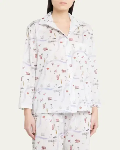 Pour Les Femmes Map-Print Cotton Pajama Set | Thumbnail 2 Pour Les Femmes Map-Print Cotton Pajama Set | Thumbnail 2