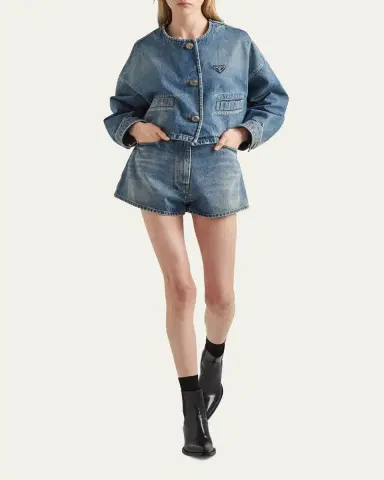 Prada Crop Collarless Denim Jacket | Thumbnail 2 Prada Crop Collarless Denim Jacket | Thumbnail 2