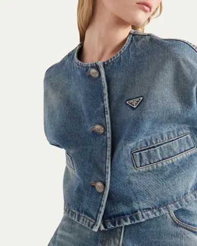 Prada Crop Collarless Denim Jacket | Thumbnail 4 Prada Crop Collarless Denim Jacket | Thumbnail 4
