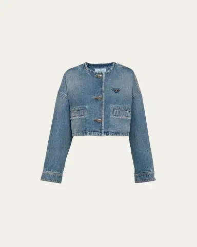 Prada Crop Collarless Denim Jacket | Thumbnail 5 Prada Crop Collarless Denim Jacket | Thumbnail 5
