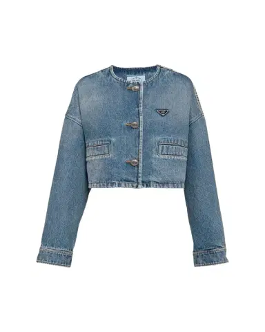 Prada Crop Collarless Denim Jacket | Thumbnail 1 Prada Crop Collarless Denim Jacket | Thumbnail 1