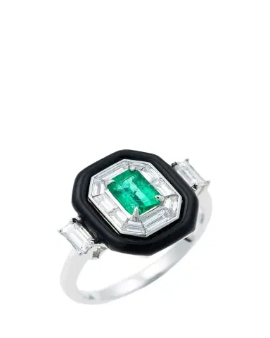 Nikos Koulis Oui 18k White Gold Black Enamel, Emerald and Diamond Ring | Thumbnail 1 Nikos Koulis Oui 18k White Gold Black Enamel, Emerald and Diamond Ring | Thumbnail 1