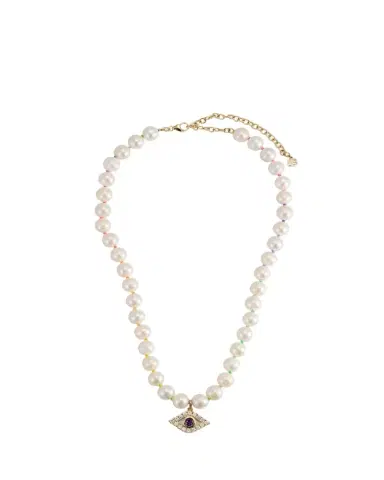 Sydney Evan 14K Gold Bezel Evil Eye Charm Freshwater Pearl Necklace | Thumbnail 1 Sydney Evan 14K Gold Bezel Evil Eye Charm Freshwater Pearl Necklace | Thumbnail 1