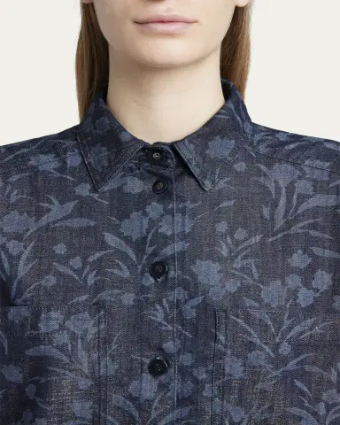 Giorgio Armani Shiny Denim Floral Print Button-Front Shirt | Thumbnail 5 Giorgio Armani Shiny Denim Floral Print Button-Front Shirt | Thumbnail 5