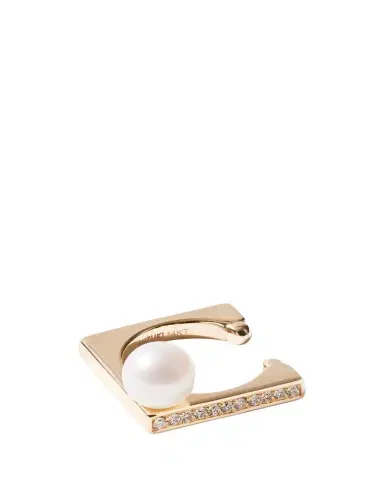 Mizuki 14K Yellow Gold 1 Row Diamond Cube Ear Cuff with Pearl, Single | Thumbnail 1 Mizuki 14K Yellow Gold 1 Row Diamond Cube Ear Cuff with Pearl, Single | Thumbnail 1
