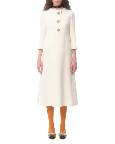Valentino Garavani Quarter-Sleeve Brooch Wool Midi Dress | Thumbnail 1 Valentino Garavani Quarter-Sleeve Brooch Wool Midi Dress | Thumbnail 1