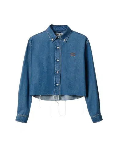 Miu Miu Denim Cropped Collared Button Down Shirt | Thumbnail 1 Miu Miu Denim Cropped Collared Button Down Shirt | Thumbnail 1