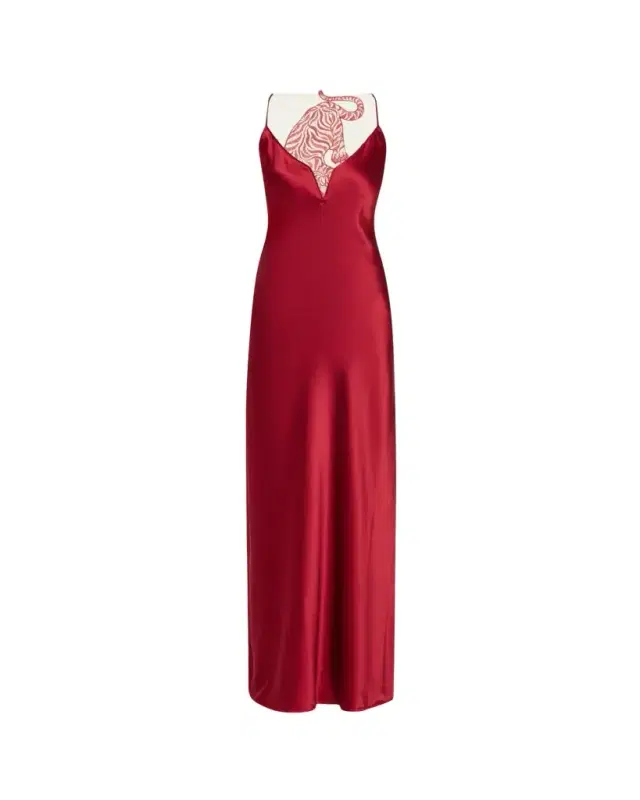 Caspian Tiger-Embroidered Maxi Slip Dress Caspian Tiger-Embroidered Maxi Slip Dress