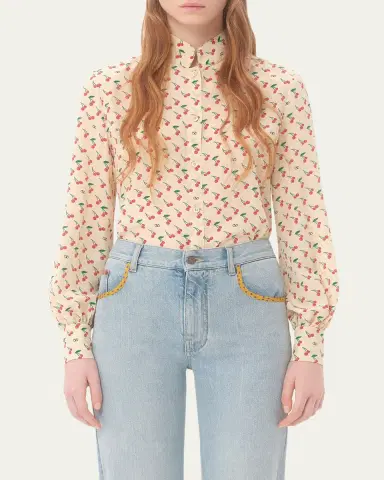 Valentino Garavani Cherry Print Crepe De Chine Button-Down Blouse | Thumbnail 4 Valentino Garavani Cherry Print Crepe De Chine Button-Down Blouse | Thumbnail 4