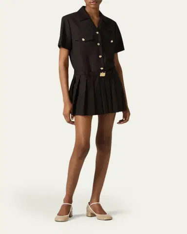Miu Miu Short-Sleeve Pleated Mini Shirtdress With Belt | Thumbnail 2 Miu Miu Short-Sleeve Pleated Mini Shirtdress With Belt | Thumbnail 2