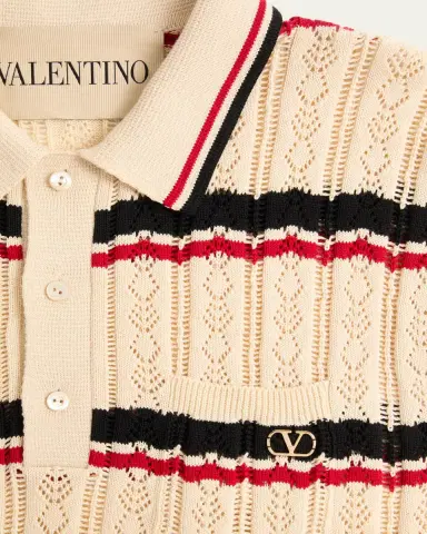 Valentino Garavani Men's Stripe Cotton Eyelet VLogo-Pocket Polo Shirt | Thumbnail 5 Valentino Garavani Men's Stripe Cotton Eyelet VLogo-Pocket Polo Shirt | Thumbnail 5