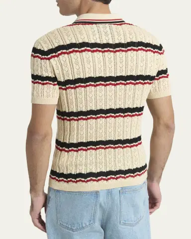 Valentino Garavani Men's Stripe Cotton Eyelet VLogo-Pocket Polo Shirt | Thumbnail 7 Valentino Garavani Men's Stripe Cotton Eyelet VLogo-Pocket Polo Shirt | Thumbnail 7