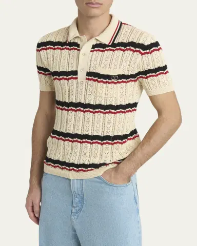 Valentino Garavani Men's Stripe Cotton Eyelet VLogo-Pocket Polo Shirt | Thumbnail 8 Valentino Garavani Men's Stripe Cotton Eyelet VLogo-Pocket Polo Shirt | Thumbnail 8