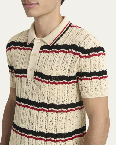 Valentino Garavani Men's Stripe Cotton Eyelet VLogo-Pocket Polo Shirt | Thumbnail 9 Valentino Garavani Men's Stripe Cotton Eyelet VLogo-Pocket Polo Shirt | Thumbnail 9