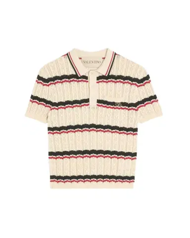 Valentino Garavani Men's Stripe Cotton Eyelet VLogo-Pocket Polo Shirt | Thumbnail 1 Valentino Garavani Men's Stripe Cotton Eyelet VLogo-Pocket Polo Shirt | Thumbnail 1