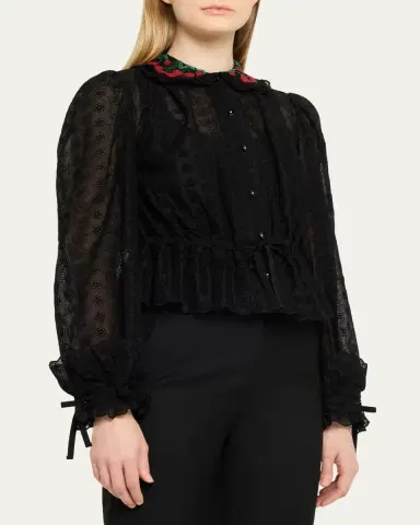 Valentino Garavani Cherry Embroidered Daisy Sangallo Self-Tie Blouse | Thumbnail 2 Valentino Garavani Cherry Embroidered Daisy Sangallo Self-Tie Blouse | Thumbnail 2