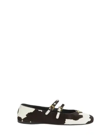 Prada Cow Hair Double Mary Jane Triangle Logo Ballerina Flats | Thumbnail 1 Prada Cow Hair Double Mary Jane Triangle Logo Ballerina Flats | Thumbnail 1
