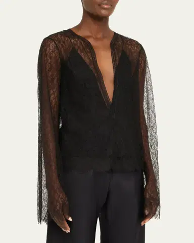 Brandon Maxwell Eloise Plunging Lace Long-Sleeve Top | Thumbnail 2 Brandon Maxwell Eloise Plunging Lace Long-Sleeve Top | Thumbnail 2