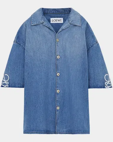 Loewe Men's Washed Denim Anagram-Sleeve Camp Shirt | Thumbnail 2 Loewe Men's Washed Denim Anagram-Sleeve Camp Shirt | Thumbnail 2