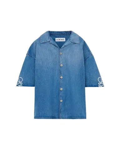 Loewe Men's Washed Denim Anagram-Sleeve Camp Shirt | Thumbnail 1 Loewe Men's Washed Denim Anagram-Sleeve Camp Shirt | Thumbnail 1