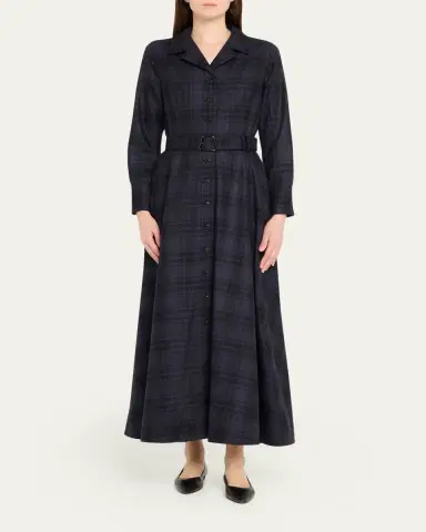 Akris Flannel Plaid Belted Long-Sleeve Maxi Shirtdress | Thumbnail 2 Akris Flannel Plaid Belted Long-Sleeve Maxi Shirtdress | Thumbnail 2