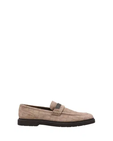 Brunello Cucinelli Croc-Embossed Suede Monili Penny Loafers | Thumbnail 1 Brunello Cucinelli Croc-Embossed Suede Monili Penny Loafers | Thumbnail 1
