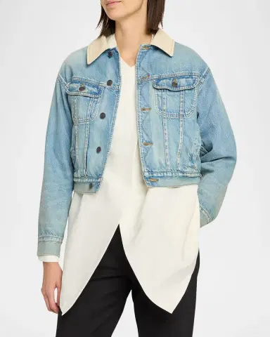 THE ROW Joras Crop Denim Jacket with Corduroy Collar | Thumbnail 3 THE ROW Joras Crop Denim Jacket with Corduroy Collar | Thumbnail 3