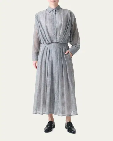 Akris Plaid Cotton Voile Blouse with Pleated Waist | Thumbnail 2 Akris Plaid Cotton Voile Blouse with Pleated Waist | Thumbnail 2