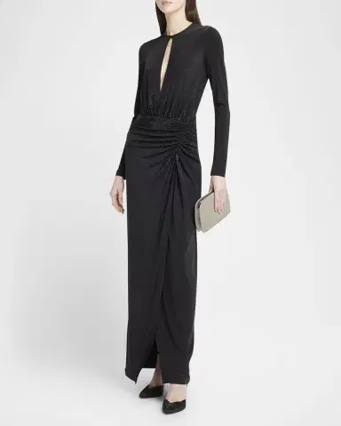 Giorgio Armani Keyhole Long-Sleeve Crystal Draped Jersey Gown | Thumbnail 3 Giorgio Armani Keyhole Long-Sleeve Crystal Draped Jersey Gown | Thumbnail 3