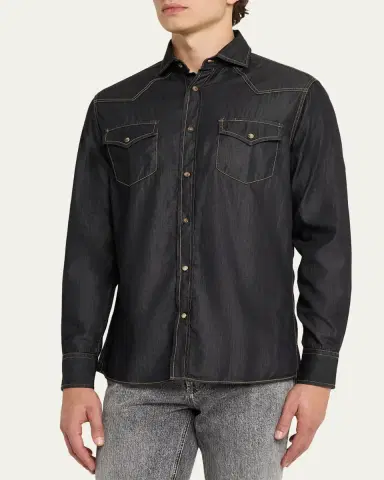 Brunello Cucinelli Mens Lightweight Denim Western Shirt | Thumbnail 4 Brunello Cucinelli Mens Lightweight Denim Western Shirt | Thumbnail 4