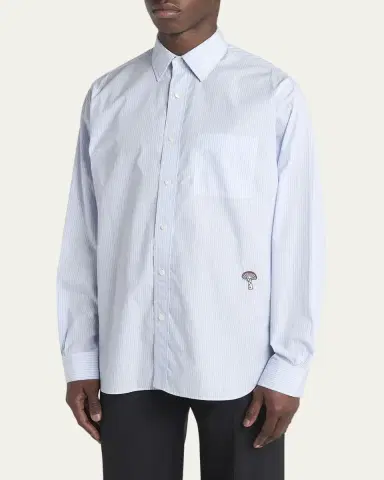 Bottega Veneta Men's Fine Stripe Poplin Shirt with Embroidered Mushroom Patch | Thumbnail 4 Bottega Veneta Men's Fine Stripe Poplin Shirt with Embroidered Mushroom Patch | Thumbnail 4