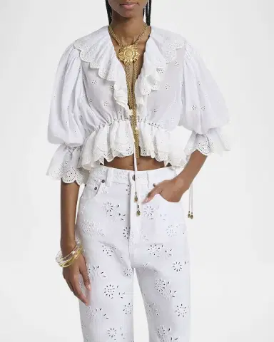 Chloé Eyelet Cotton Ruffle Crop Peasant Blouse | Thumbnail 3 Chloé Eyelet Cotton Ruffle Crop Peasant Blouse | Thumbnail 3