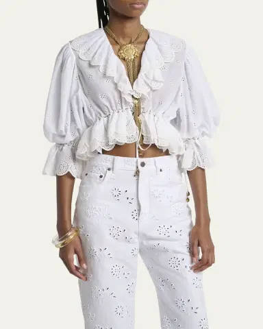 Chloé Eyelet Cotton Ruffle Crop Peasant Blouse | Thumbnail 8 Chloé Eyelet Cotton Ruffle Crop Peasant Blouse | Thumbnail 8