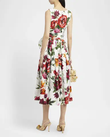 Dolce & Gabbana Anemone Floral Pleated Popeline Midi Dress With Belt | Thumbnail 2 Dolce & Gabbana Anemone Floral Pleated Popeline Midi Dress With Belt | Thumbnail 2