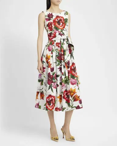 Dolce & Gabbana Anemone Floral Pleated Popeline Midi Dress With Belt | Thumbnail 3 Dolce & Gabbana Anemone Floral Pleated Popeline Midi Dress With Belt | Thumbnail 3